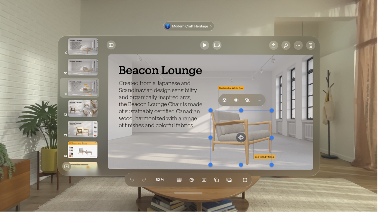 L’app Keynote sur l’Apple Vision Pro, présentant un objet 3D sélectionné, avec la barre des formats au-dessus de celui-ci et la barre d’outils en dessous.