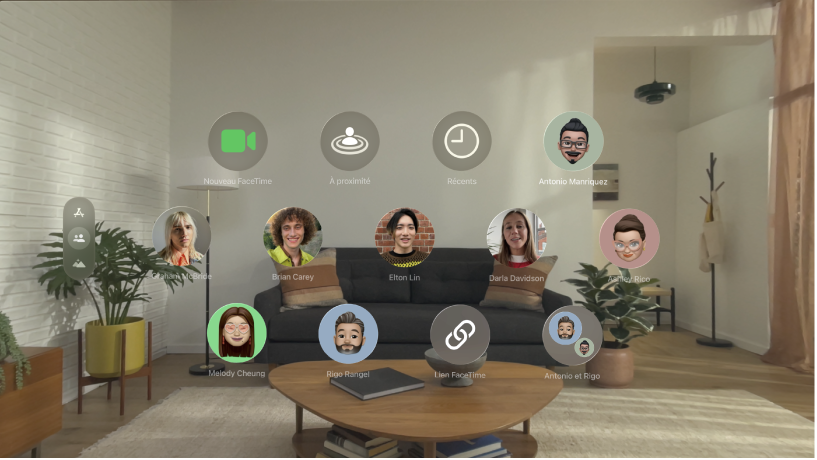 Vue Personnes sur l’Apple Vision Pro, affichant des contacts et l’option permettant de lancer un appel FaceTime.
