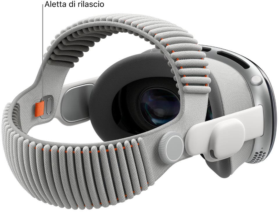 Apple Vision Pro con la fascia Dual Knit agganciata. All’interno della fascia Dual Knit è visibile una linguetta di sgancio arancione.