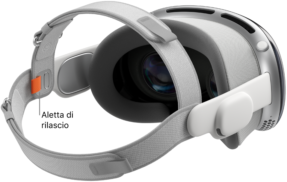 Apple Vision Pro con la fascia Dual Loop agganciata. All’interno della fascia Dual Loop è visibile una linguetta di sgancio arancione.