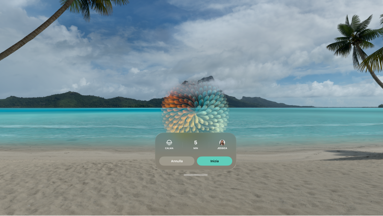 L’app Mindfulness su Apple Vision Pro che mostra le opzioni per avviare una sessione.