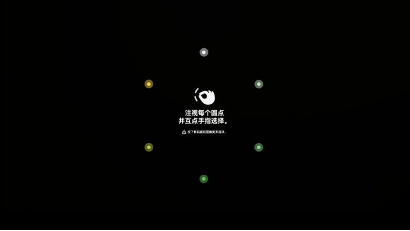 “眼部设置”视图,包含注视各个圆点并互点手指将其选中的说明,或者按下数码旋钮访问更多选项的说明。
