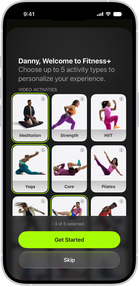 The Apple Fitness+ welcome screen, showing activity types to choose from and Get Started and Skip buttons at the bottom.