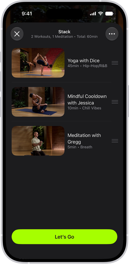 An Apple Fitness+ screen showing a Stack with two workouts and a meditation. The Let’s Go button is at the bottom of the screen.