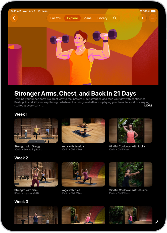 The Apple Fitness+ screen showing a workout collection and its description at the center of the screen. Below the collection title are rows of workouts.