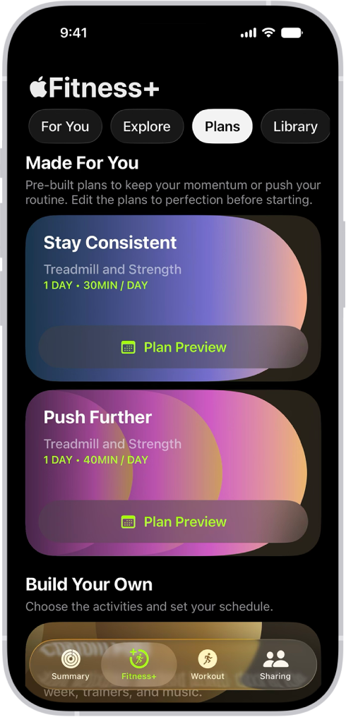 The Plans screen in Apple Fitness+ showing an active workout plan at the top of the screen. Buttons to start the workout and view the workout plan appear below the workout details.