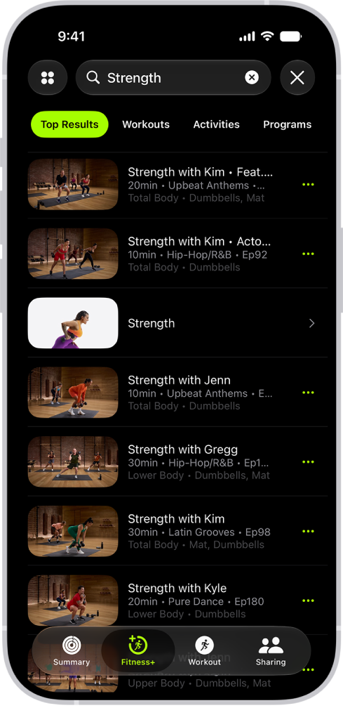 Hasil carian dalam Apple Fitness+, dengan medan carian di bahagian atas dan hasil di bawah.