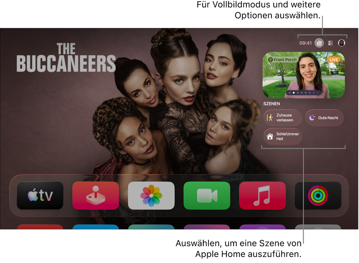 Apple TV-Bildschirm mit dem Tab „Apple Home“