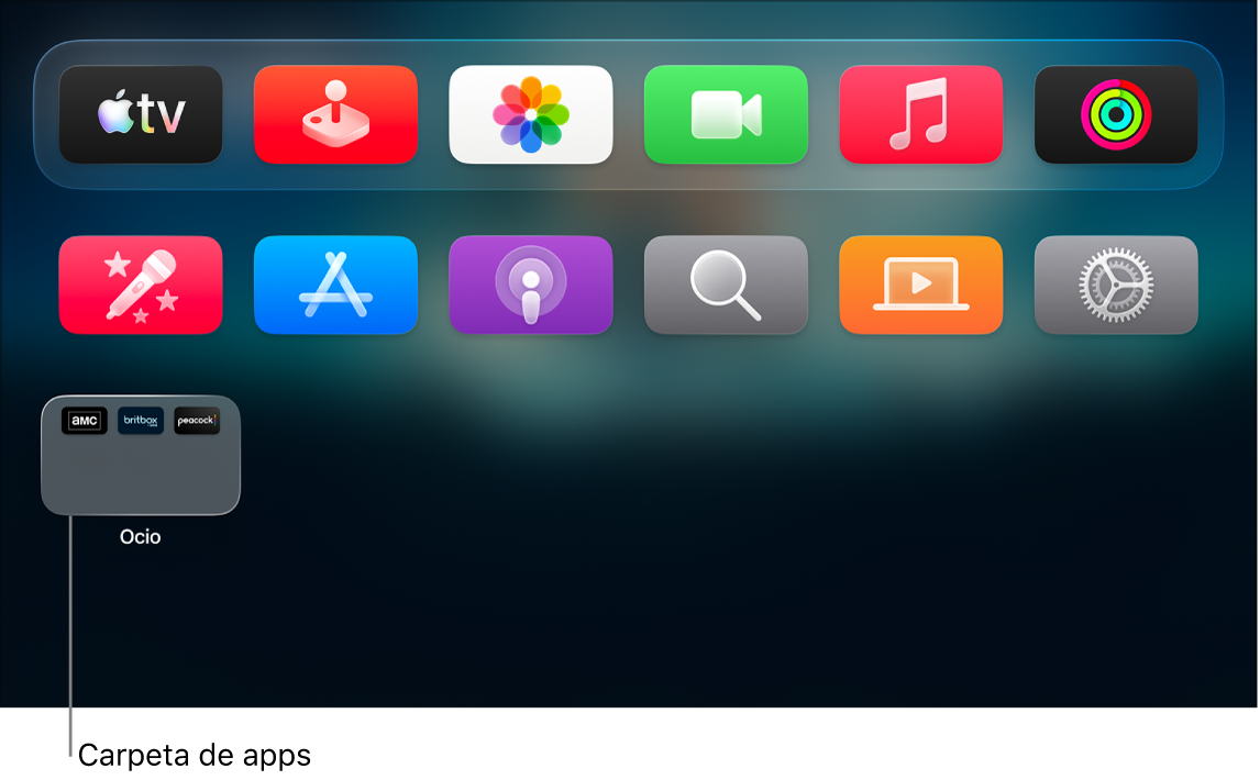 La pantalla de inicio del Apple TV mostrando una carpeta de apps.