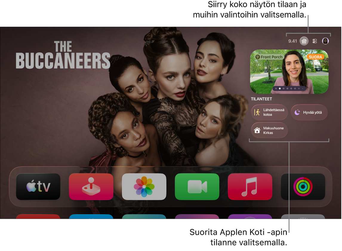 Apple TV ‑näyttö, jossa näkyy Applen Koti -välilehti.