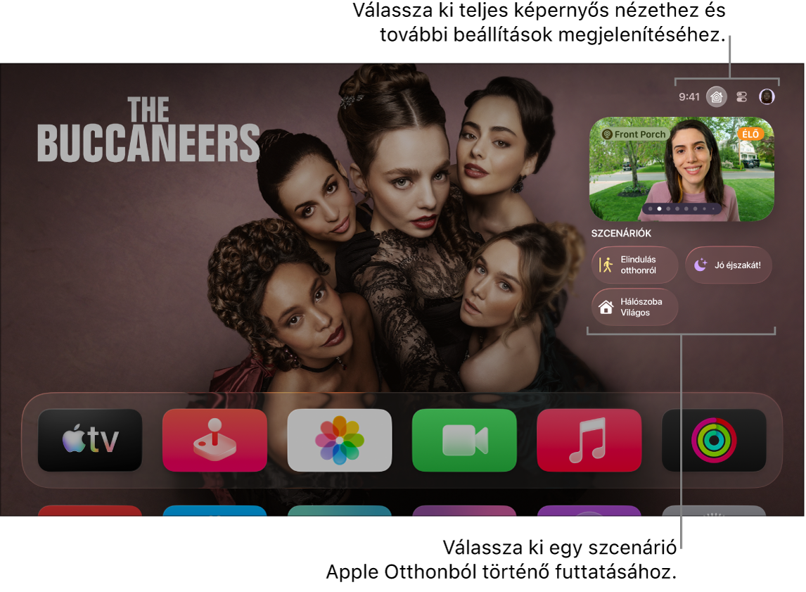 Az Apple TV képernyője az Apple Otthon lappal.