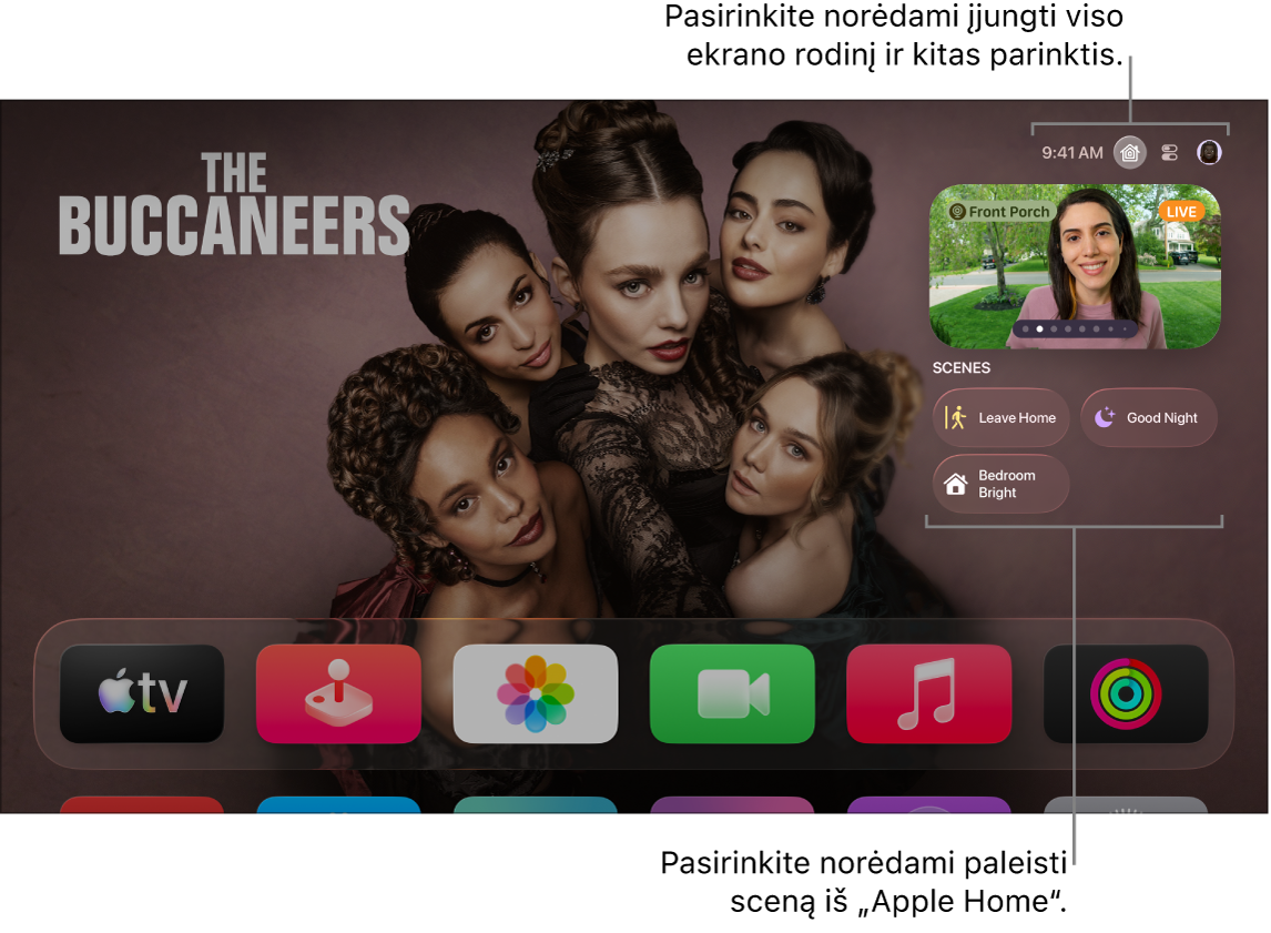 „Apple TV“ ekrane rodomas skirtukas „Apple Home“.