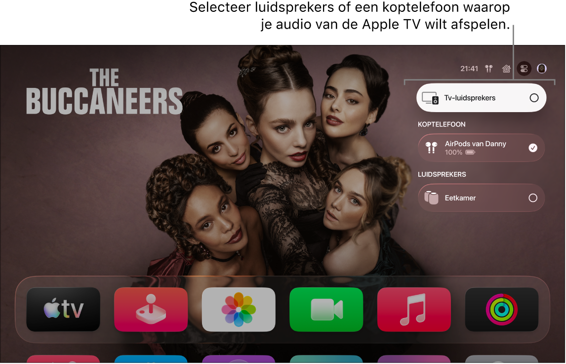 Scherm van Apple TV met het bedieningspaneel met audioregelaars