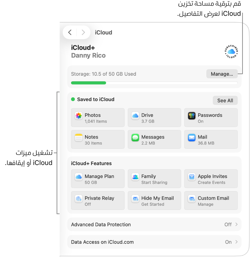 إعدادات iCloud للميزات الأكثر استخدامًا.