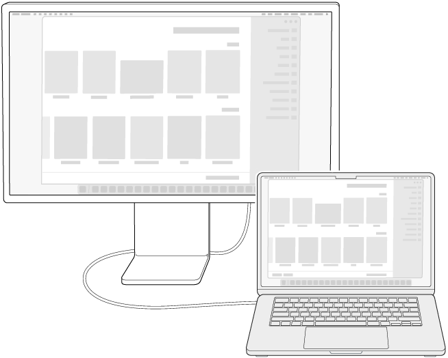 شاشة عرض متصلة بكمبيوتر MacBook Air حيث تتم محاكاة سطح المكتب على كلتا الشاشتين.