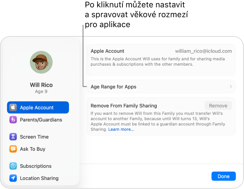 Okno nastavení dětského účtu Apple na Macu, v němž je vidět, kde lze nastavit a spravovat věkové rozmezí pro aplikace.