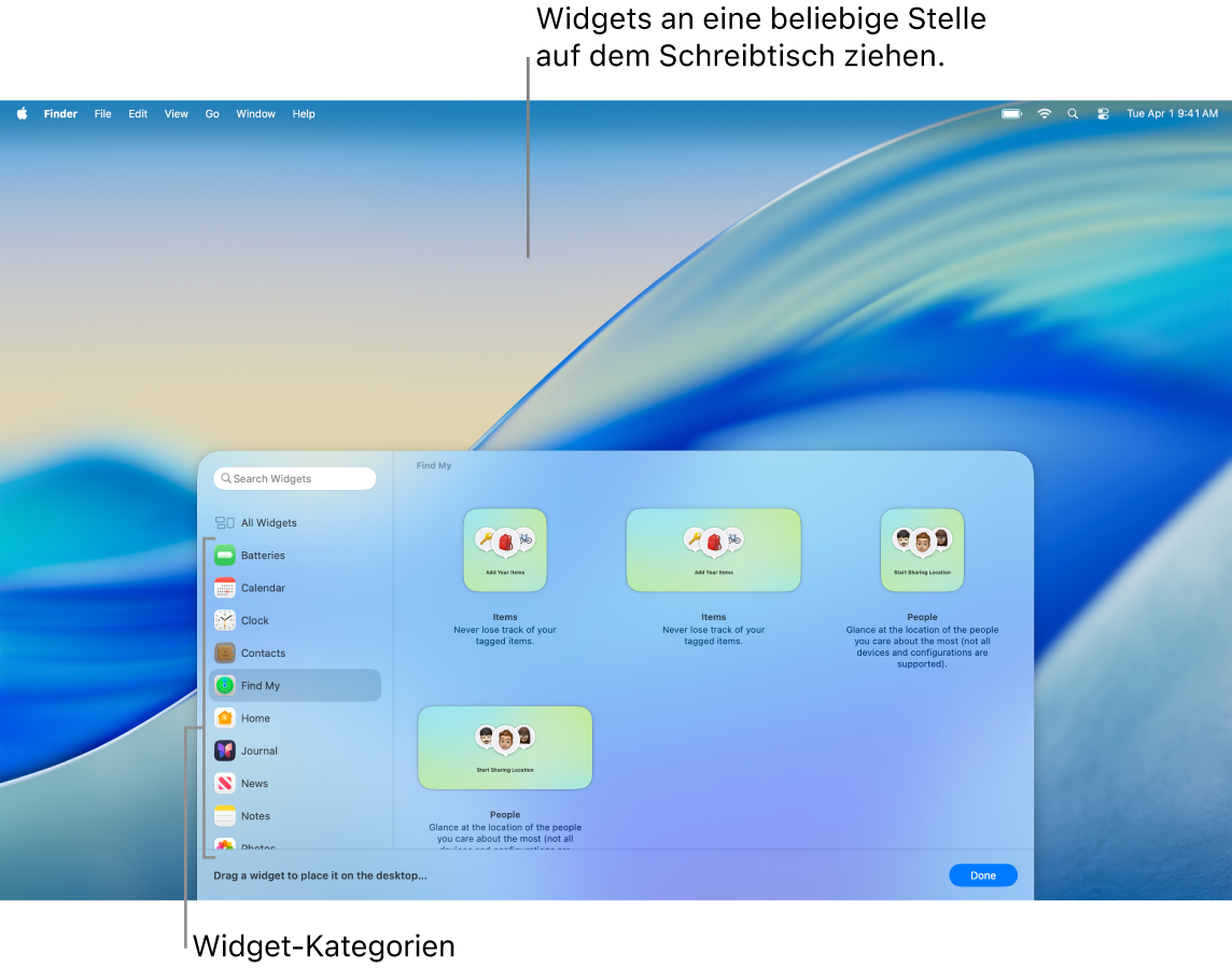Die Widget-Galerie mit der Liste der Widget-Kategorien auf der linken Seite und den verfügbaren Widgets auf der rechten Seite.