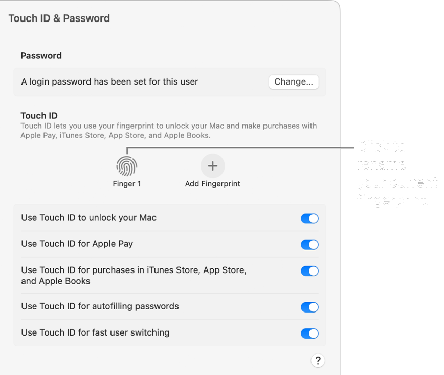 Touch ID & Password settings, showing a fingerprint is ready and can be used to unlock the Mac.