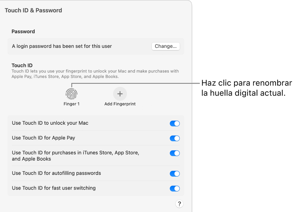 El panel de ajustes de “Touch ID y contraseña”, mostrando que ya está lista una huella dactilar y puede utilizarse para desbloquear el Mac.