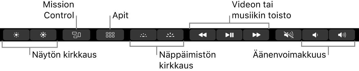 Laajennetun Control Stripin painikkeet ovat (vasemmalta oikealle) näytön kirkkaus, Mission Control, Apit, näppäimistön kirkkaus, videon tai musiikin toisto ja äänenvoimakkuus.