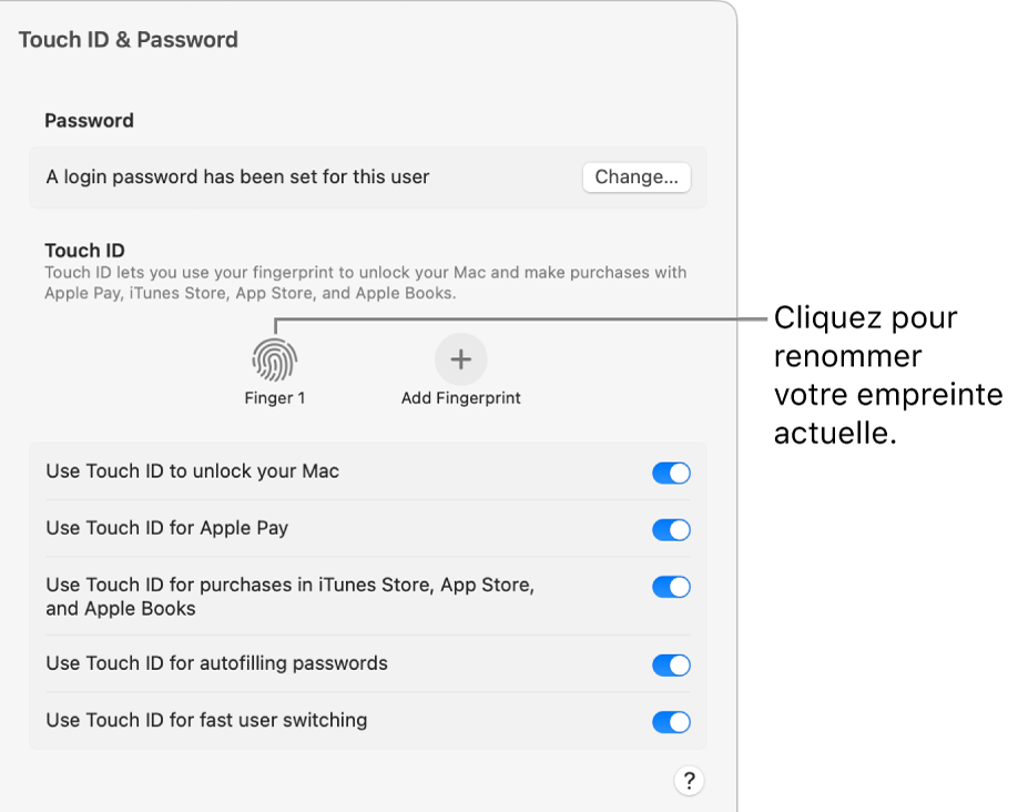 Les réglages de Touch ID et mot de passe qui indiquent qu’une empreinte est prête à être utilisée pour déverrouiller le Mac.