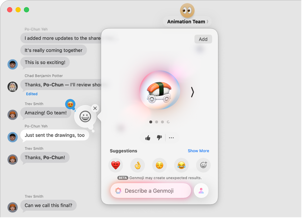 La fenêtre de l’app Messages sur Mac qui affiche un Genmoji en cours de création pour l’utiliser dans une conversation.