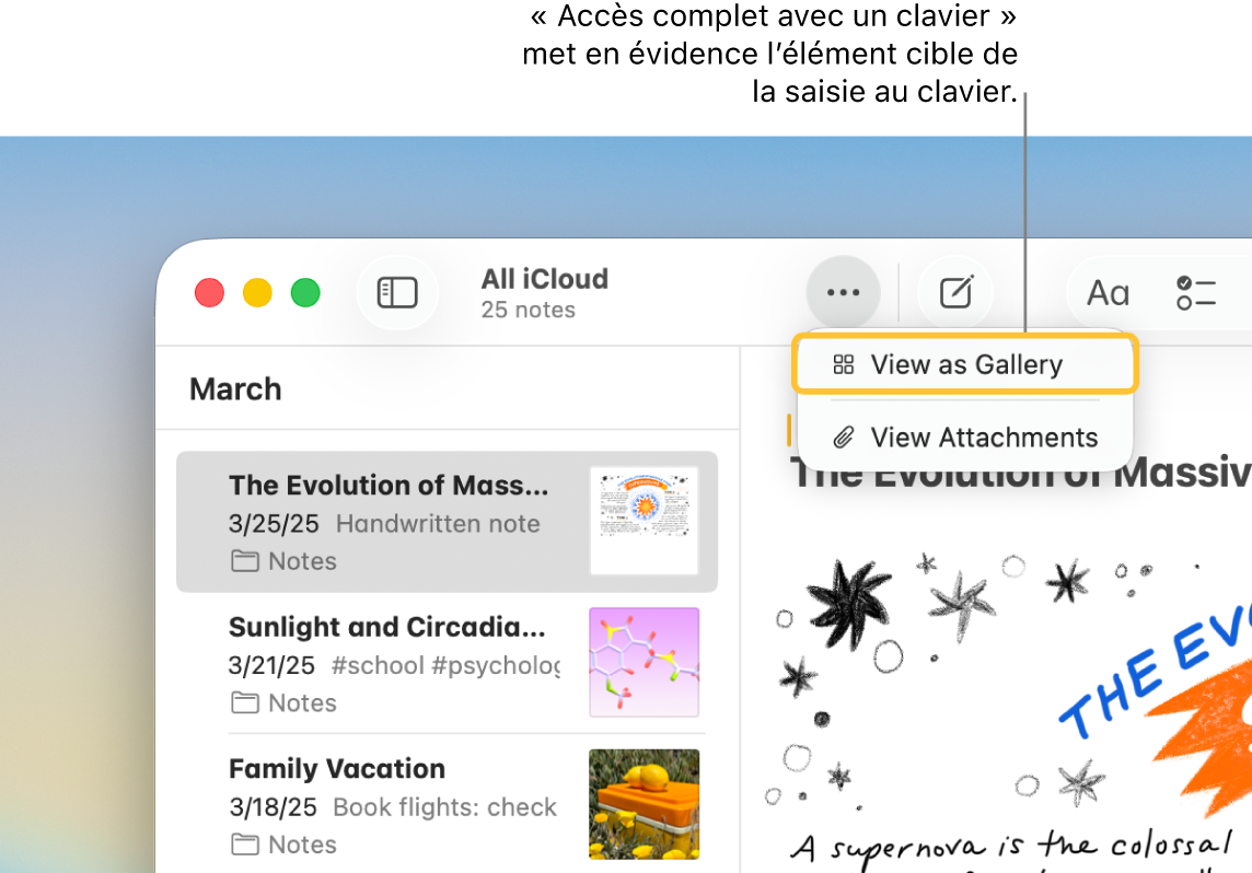L’app Notes est ouverte avec la barre d’outils d’annotation affichée. « Accès complet avec un clavier » a mis en évidence l’outil ciblé.
