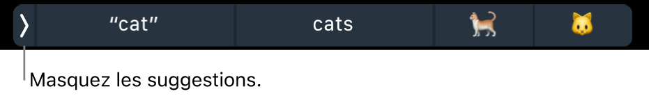 Des suggestions de saisie comprenant des mots et des Emoji ; le bouton affiché à gauche permet de masquer les suggestions de saisie.