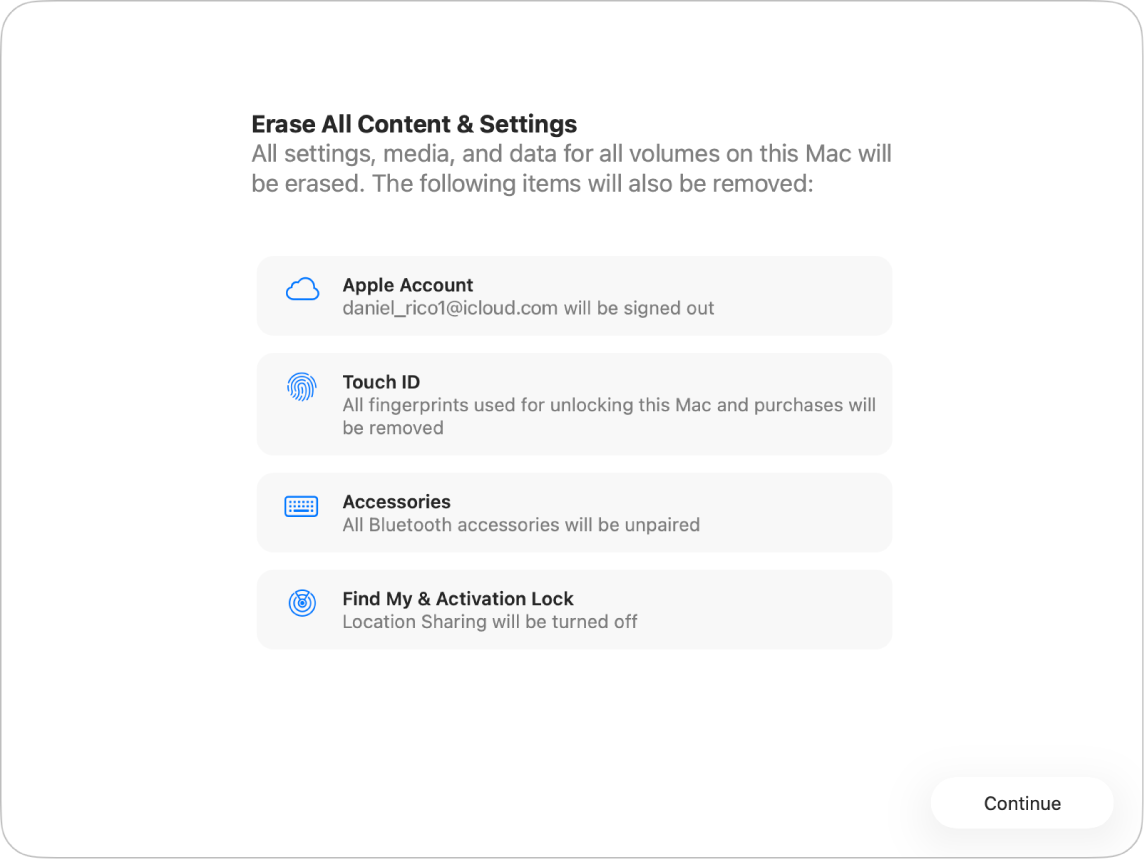 La fenêtre « Effacer contenu et réglages » d’Assistant d’effacement affichant les éléments supplémentaires qui seront supprimés, y compris toutes les empreintes utilisées pour déverrouiller le Mac et effectuer des achats.