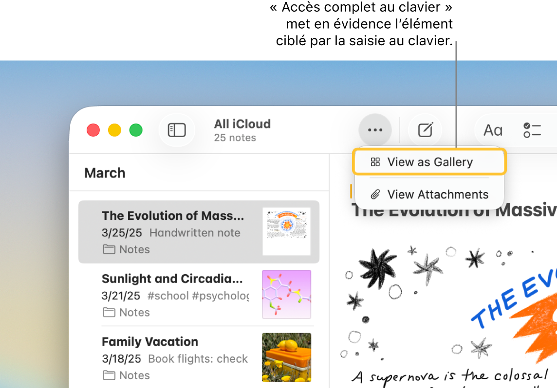 L’app Notes est ouverte avec la barre d’outils d’annotation. « Accès complet au clavier » a mis en évidence l’outil actif.
