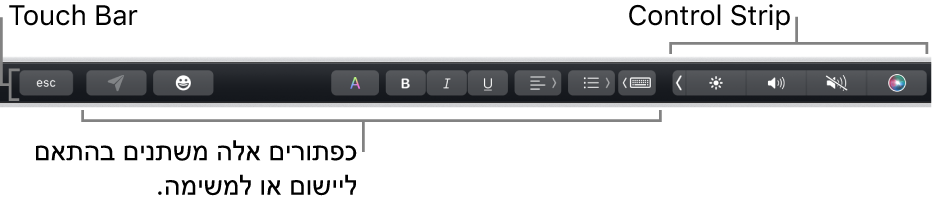 ה‑Touch Bar בחלק העליון של המקלדת, מציג כפתורים שמשתנים בהתאם ליישום או למשימה משמאל, וה‑Control Strip בפריסה מכווצת מימין.