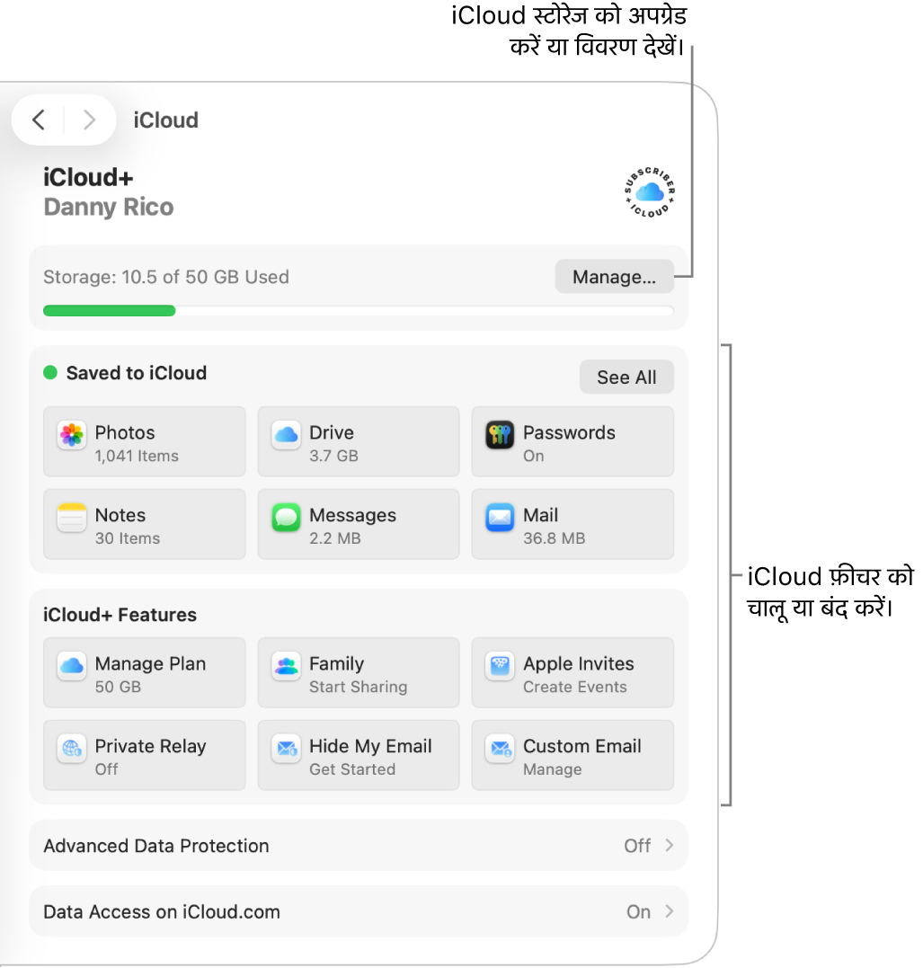 सबसे अधिक इस्तेमाल किए जाने वाले फ़ीचर के लिए iCloud सेटिंग।