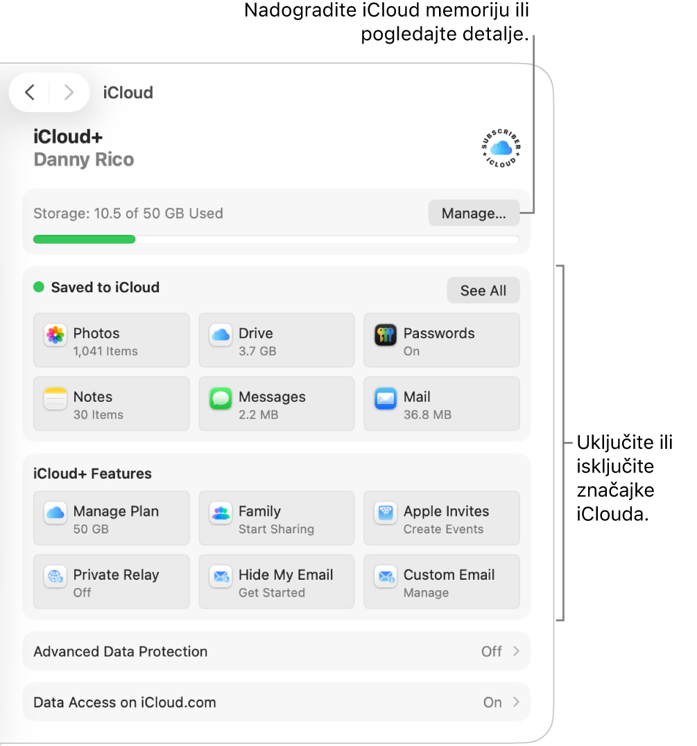 iCloud postavke za najčešće korištene značajke.