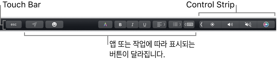 키보드 상단에 있는 Touch Bar의 왼쪽에 앱이나 작업에 따라 달라지는 버튼이 있고, 오른쪽에는 축소된 Control Strip이 있음.