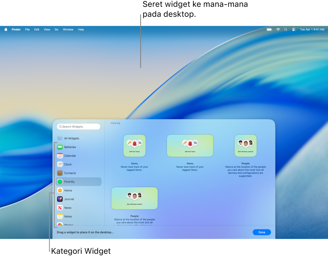 Galeri widget, menunjukkan senarai kategori widget di sebelah kiri dan widget yang tersedia di sebelah kanan.