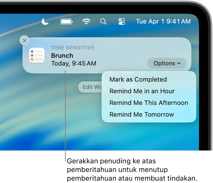 Pemberitahuan app untuk peringatan di penjuru kanan atas desktop, termasuk pilihan untuk Tanda Selesai atau Ingatkan Saya dalam masa Sejam.