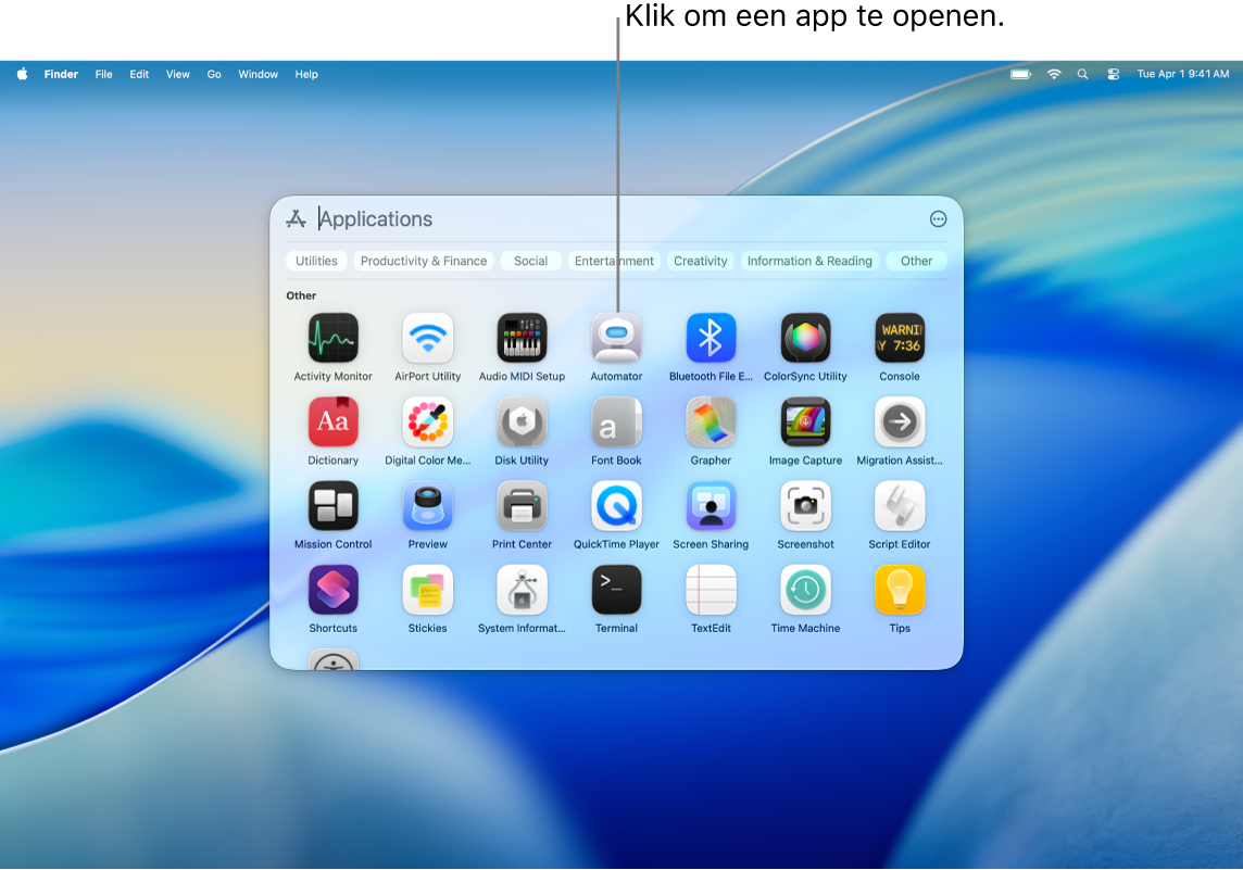 Het venster voor het bladeren door apps in Spotlight.
