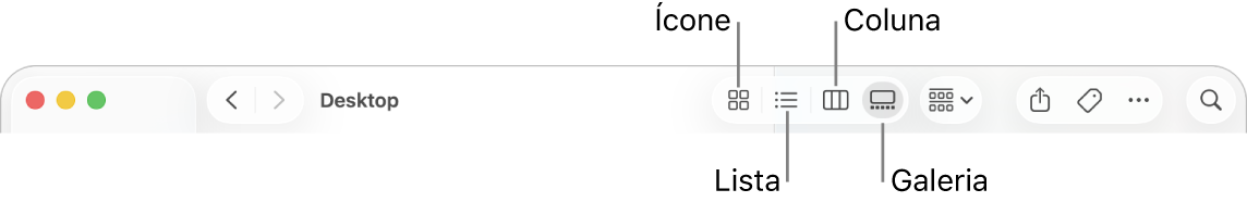 Barra de ferramentas do Finder mostrando os botões de opções de Visualização para uma pasta.