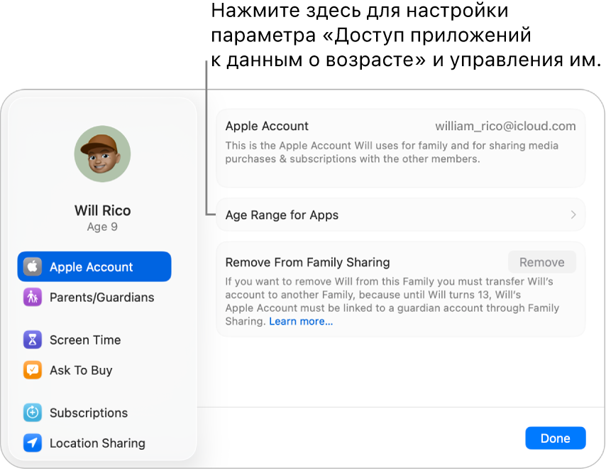На Mac показаны настройки Аккаунта Apple ребенка и инструкции по настройке и управлению параметром «Доступ приложений к данным о возрасте».