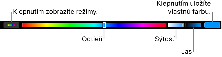 Touch Bar zobrazujúci ovládače pre odtieň, sýtosť a jas v režime HSB. Vľavo sa nachádza tlačidlo na zobrazenie všetkých režimov, vpravo tlačidlo na uloženie vlastnej farby.
