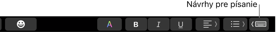 Touch Bar s tlačidlom na zobrazovanie návrhov pre písanie na pravom konci.