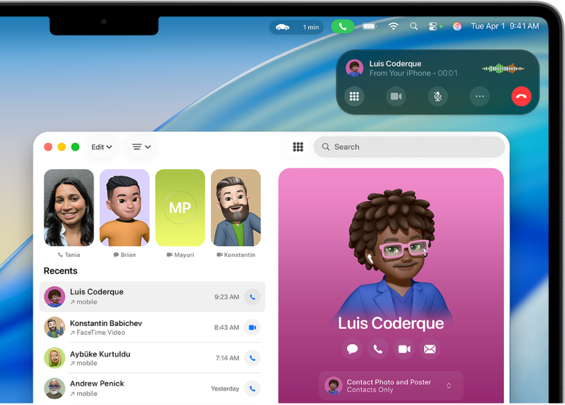 Zaslon Maca z odprto aplikacijo Telefon in aktivnim klicem.
