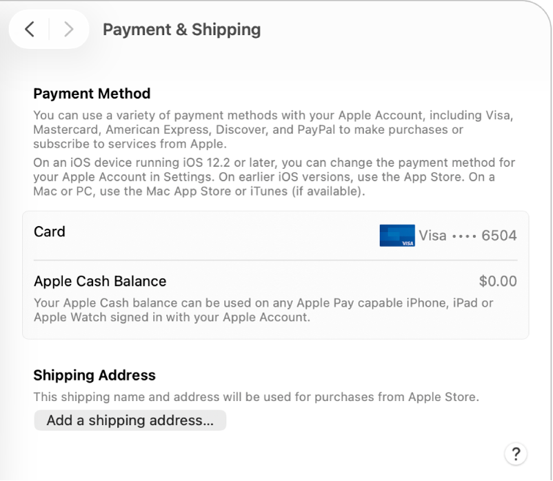 การตั้งค่าบัญชี Apple ที่แสดงการตั้งค่าการชำระเงินและการจัดส่งสำหรับบัญชีที่มีอยู่