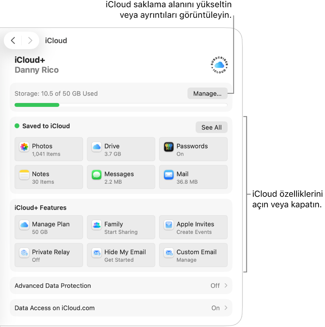 En sık kullanılan özellikler için iCloud ayarları.