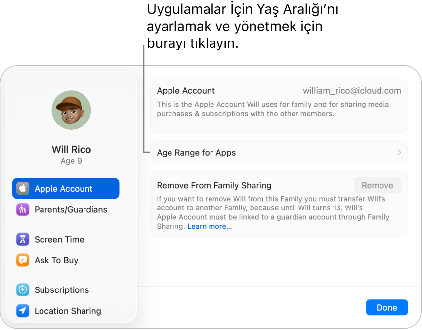 Uygulamalar İçin Yaş Aralığı’nın nereden ayarlanacağını ve yönetileceğini gösteren, Mac’te bir çocuğa ait Apple Hesabı ayarları.