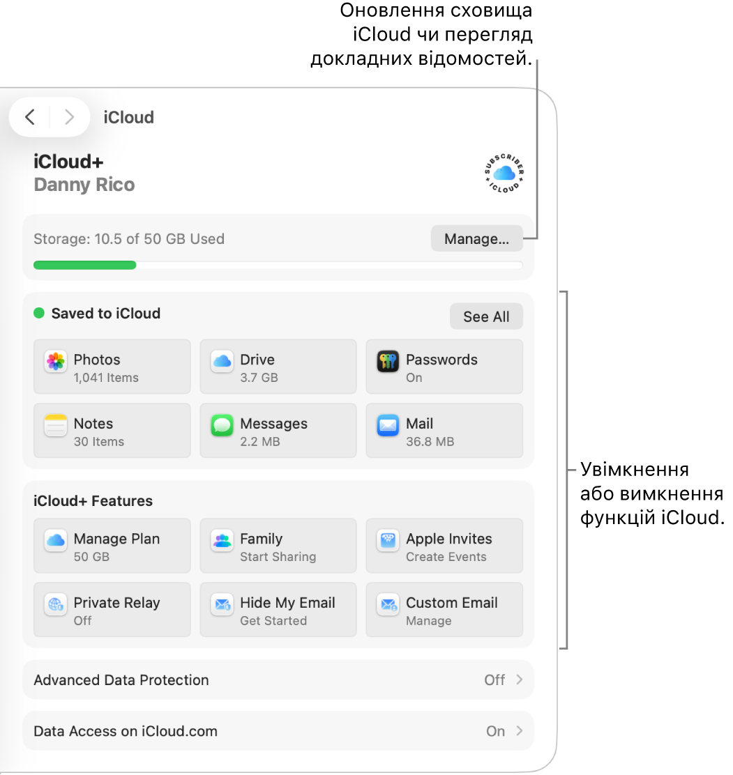 Параметри iCloud для найпоширеніших функцій.
