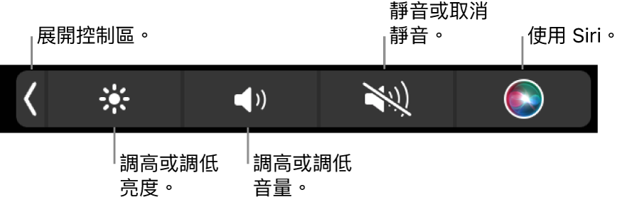 收合的控制區包括以下操作的按鈕:由左至右依序是展開控制區、增加或減少顯示器亮度和音量、靜音或解除靜音以及使用 Siri。