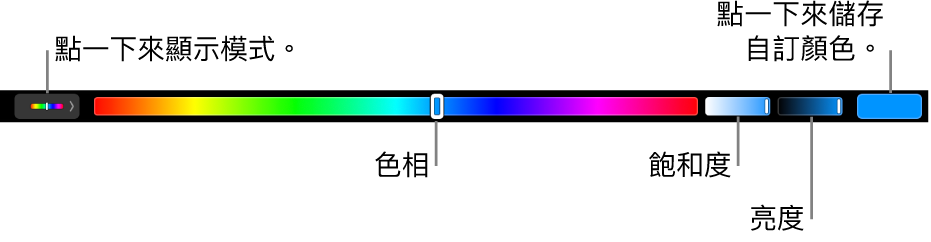 顯示 HSB 模式其色相、飽和度和亮度滑桿的觸控欄。 最左側為顯示所有模式的按鈕;右側則是可儲存自訂顏色的按鈕。