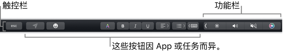 横贯键盘顶部的触控栏,在左侧显示因 App 或任务而异的按钮,在右侧显示折叠的功能栏。