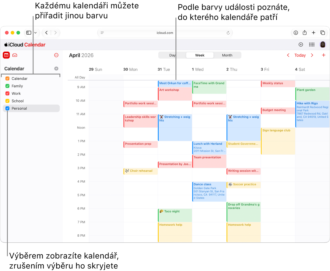 Okno Kalendáře na webu iCloud.com, kde se zobrazuje několik kalendářů. Kalendáře mají přiřazené různé barvy. Barva události označuje, ve kterém kalendáři se událost nachází.
